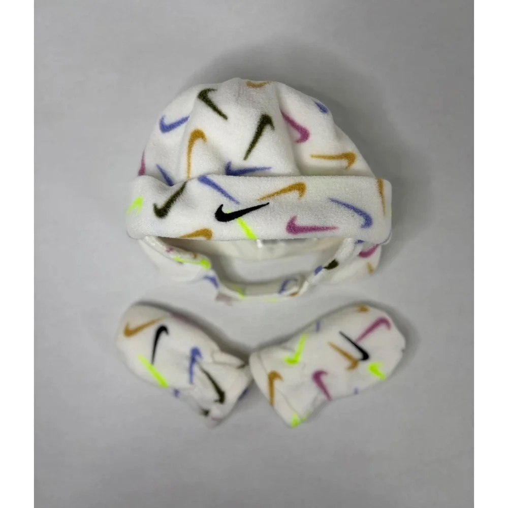 Nike Infant Fleece Hat and Mittens Set White Multi-Color Swoosh Print - Picture 16 of 16